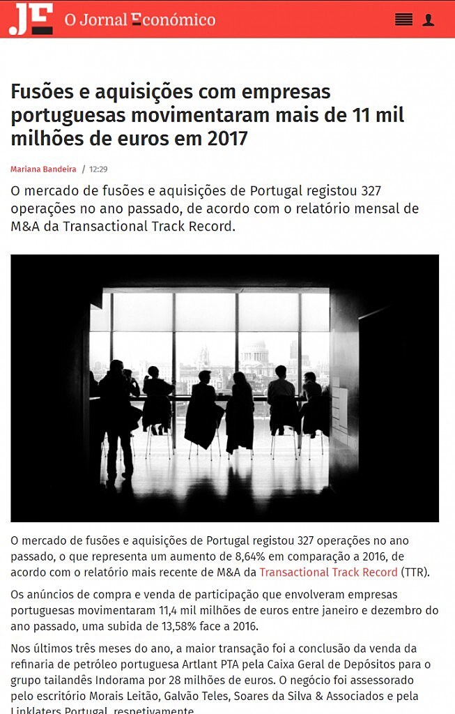 Fuses e aquisies com empresas portuguesas movimentaram mais de 11 mil milhes de euros em 2017